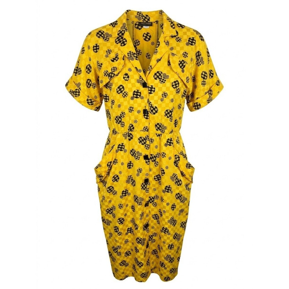 Vintage 80s Abstract Geometric Yellow Midi Dress Fitted Sheath Size 11/12